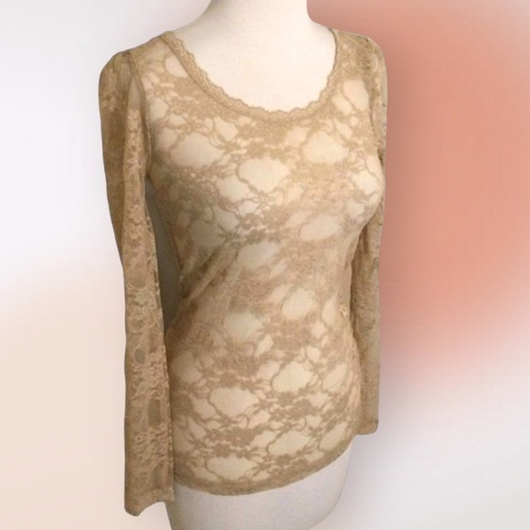 BOZZOLO Long Sleeve Scoop Neck Taupe Sheer Lace Fitted Top Tee Small - Picture 3 of 9